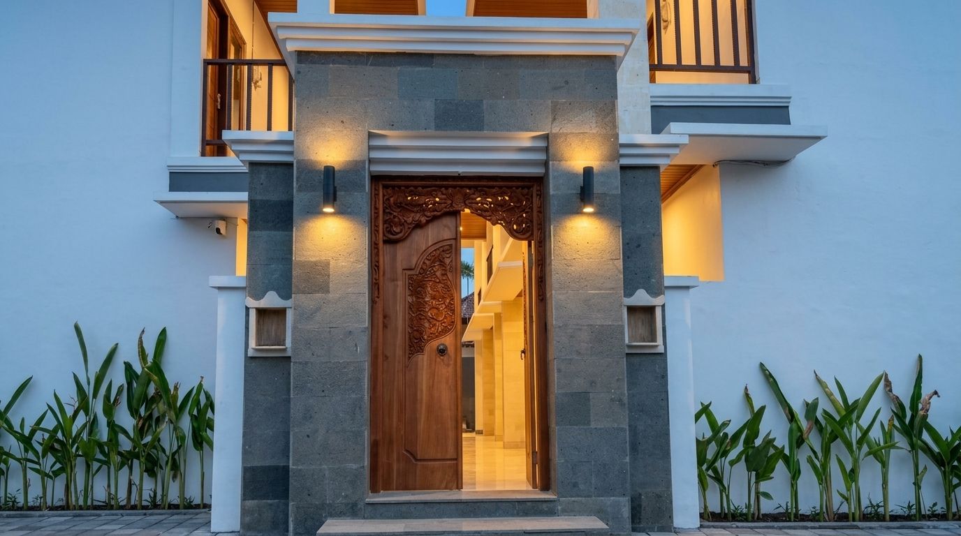 Gerbang masuk Yka Residence Jimbaran, foto asli dengan pencahayaan senja disempurnakan (tanpa tambahan papan nama)